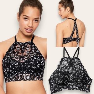VS PINK Push Up Bra Medium Lace High Neck Floral Halter Black White